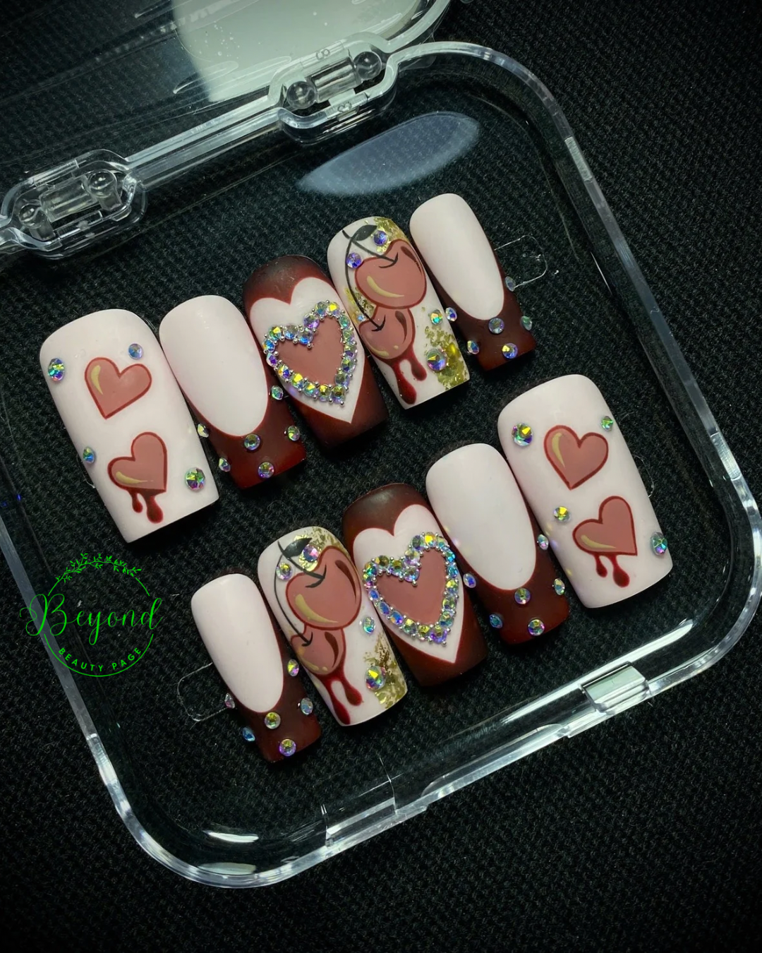 Handmade Luxury Press on Nail Double Heart with Cherry Beyond Beauty Page