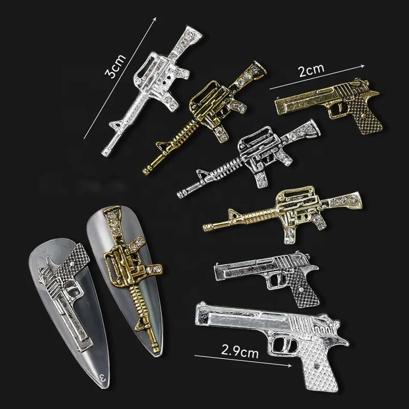 3D Nail Charm Rhinestone Gun Design Vintage Silver Gold 2pcs/bag Premier Nail Supply