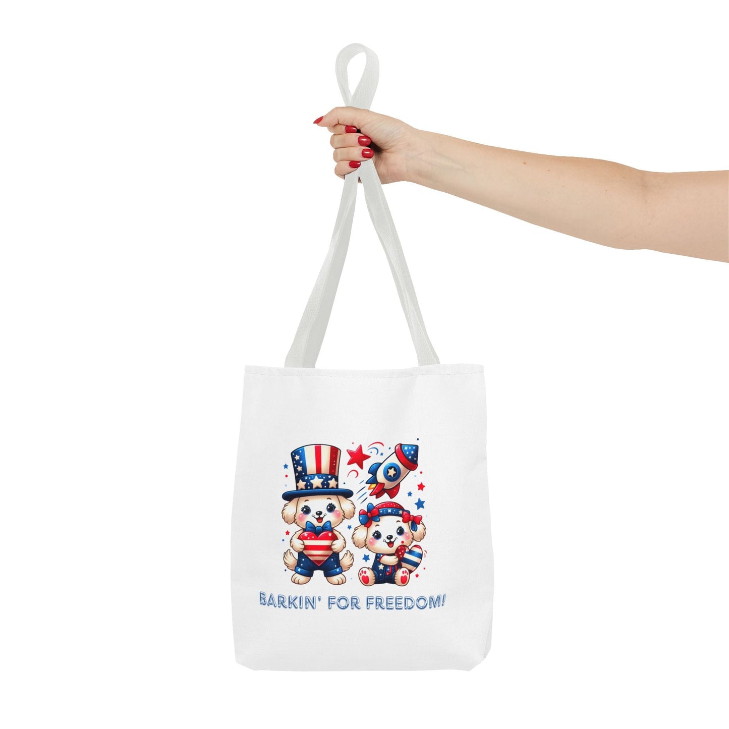Patriotic Tote Bag with Bear Design | Barkin' for Freedom | Perfect for July 4th, Summer Picnics, Travel, and Everyday Use Printify