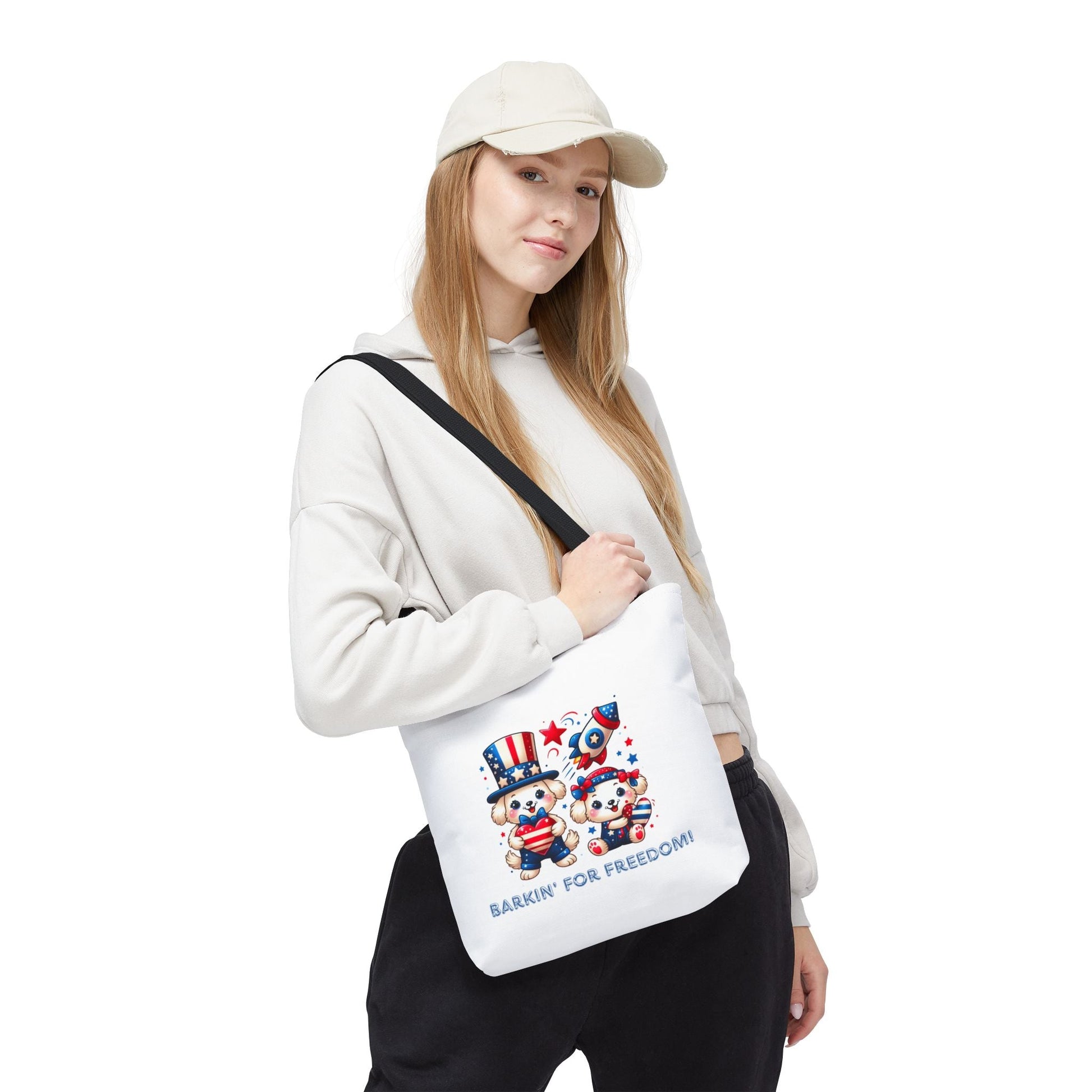 Patriotic Tote Bag with Bear Design | Barkin' for Freedom | Perfect for July 4th, Summer Picnics, Travel, and Everyday Use Printify