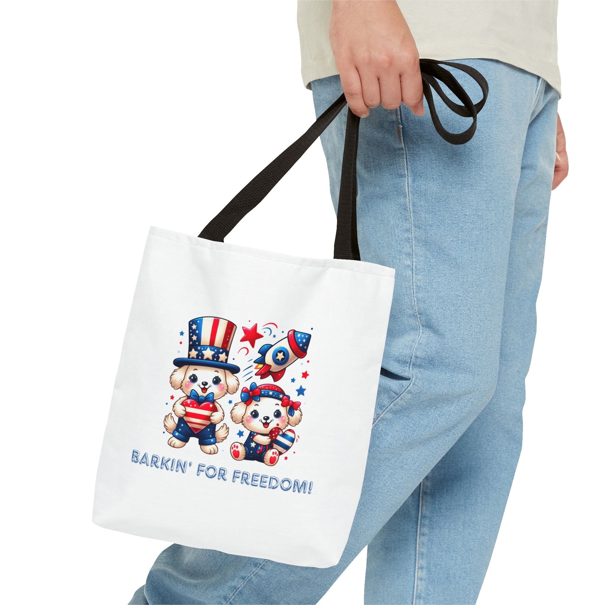 Patriotic Tote Bag with Bear Design | Barkin' for Freedom | Perfect for July 4th, Summer Picnics, Travel, and Everyday Use Printify
