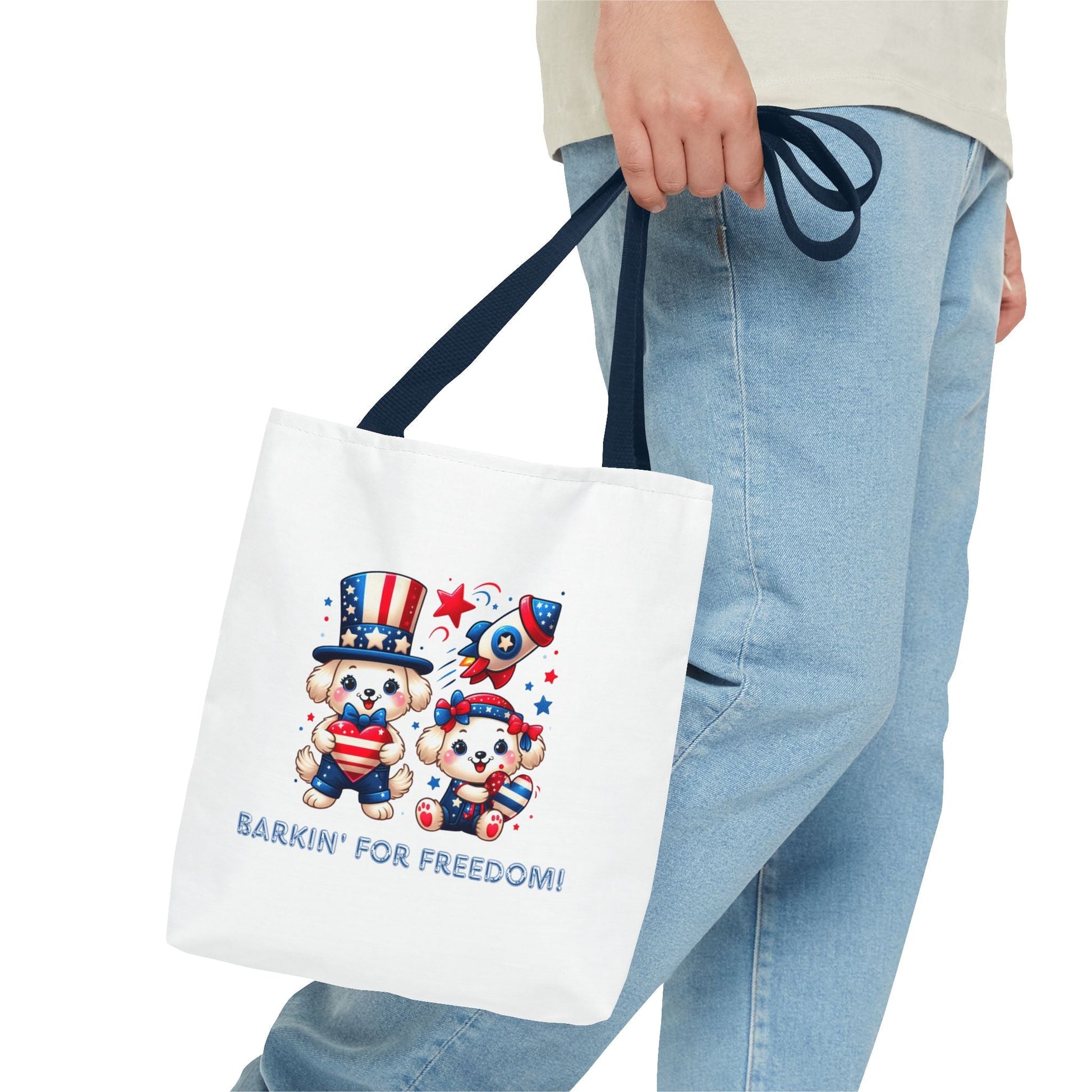 Patriotic Tote Bag with Bear Design | Barkin' for Freedom | Perfect for July 4th, Summer Picnics, Travel, and Everyday Use Printify