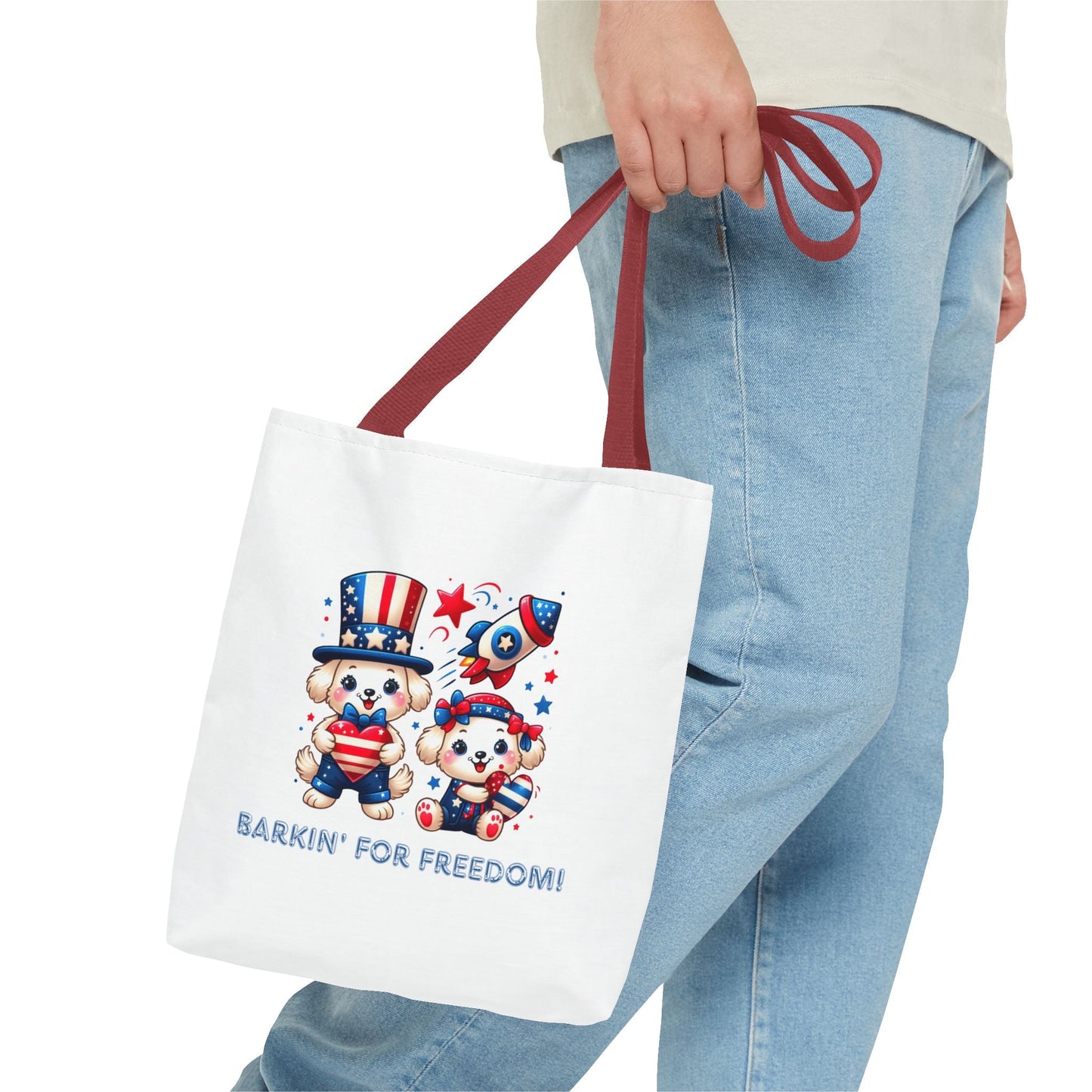 Patriotic Tote Bag with Bear Design | Barkin' for Freedom | Perfect for July 4th, Summer Picnics, Travel, and Everyday Use Printify