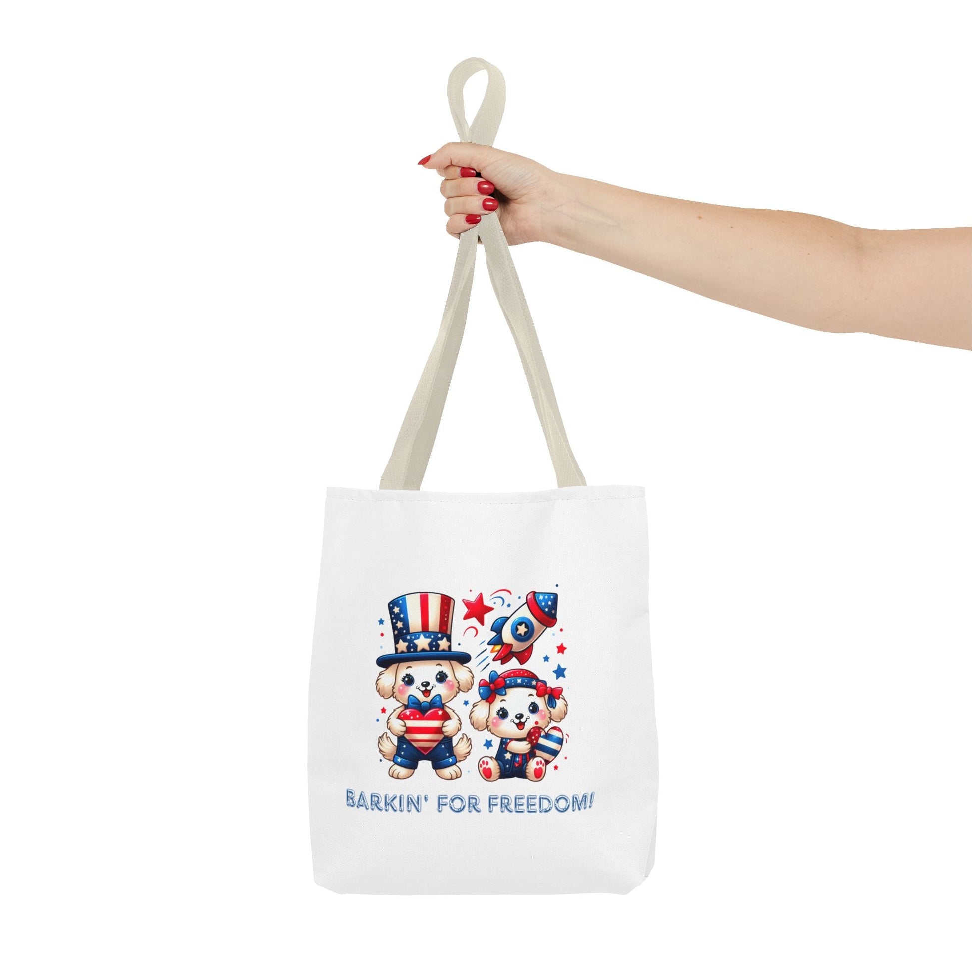 Patriotic Tote Bag with Bear Design | Barkin' for Freedom | Perfect for July 4th, Summer Picnics, Travel, and Everyday Use Printify
