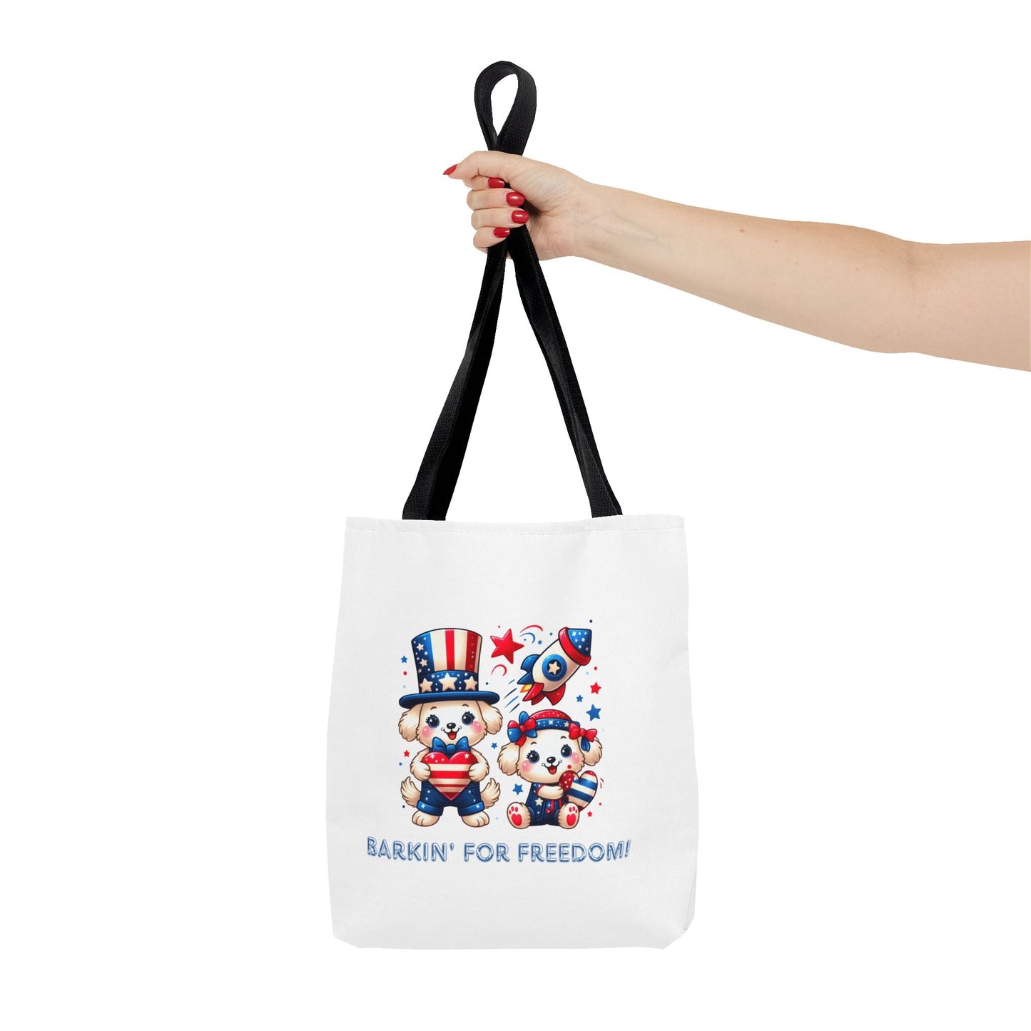 Patriotic Tote Bag with Bear Design | Barkin' for Freedom | Perfect for July 4th, Summer Picnics, Travel, and Everyday Use Printify
