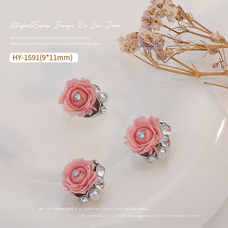 Nail Charm Pink Rose with Rhinestone 2pcs/Bag -HY1591 Premier Nail Supply