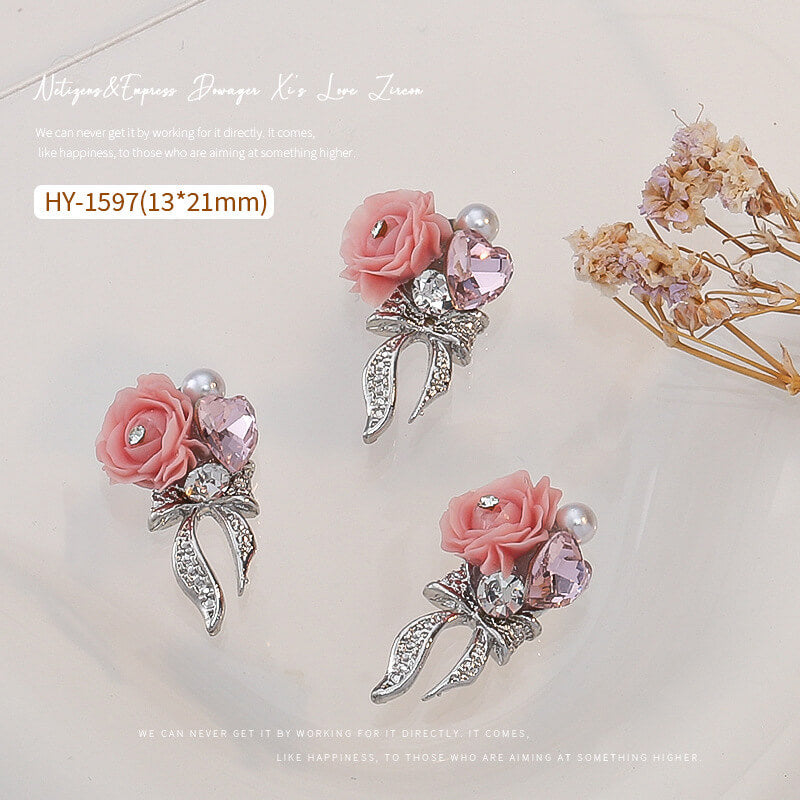 Nail Charm Pink Rose with Bow Rhinestone 2pcs/Bag -HY1597 Premier Nail Supply