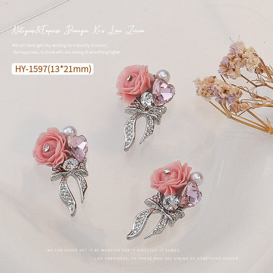 Nail Charm Pink Rose with Bow Rhinestone 2pcs/Bag -HY1597 Premier Nail Supply