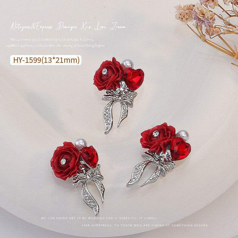 Nail Charm Red Rose with Bow Rhinestone 2pcs/Bag -HY1599 Premier Nail Supply