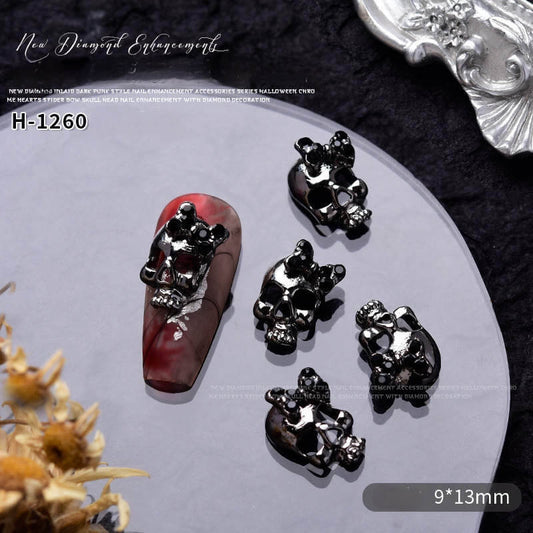 Nail Charm Halloween Skull Black with Diamond Bow 10pcs/Bag