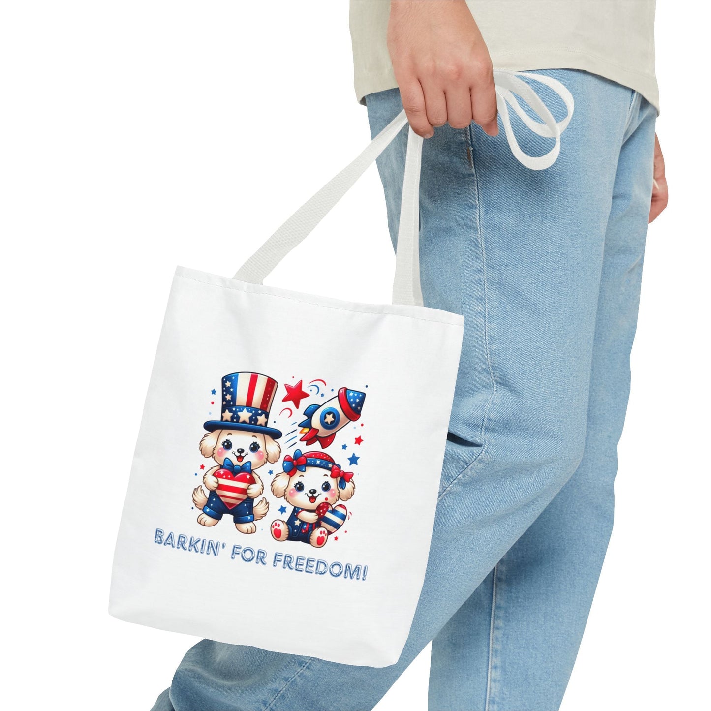 Patriotic Tote Bag with Bear Design | Barkin' for Freedom | Perfect for July 4th, Summer Picnics, Travel, and Everyday Use Printify
