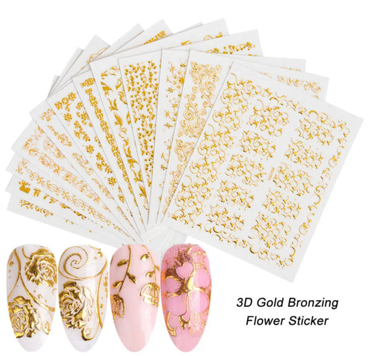 Nail Sticker Gold Bronzing Mix Flower 3D Design / 20pcs 1pack Premier Nail Supply