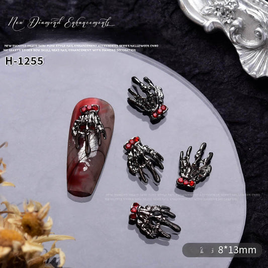 Nail Charm Halloween Skull Hand Black with Red Diamond 10pcs/Bag