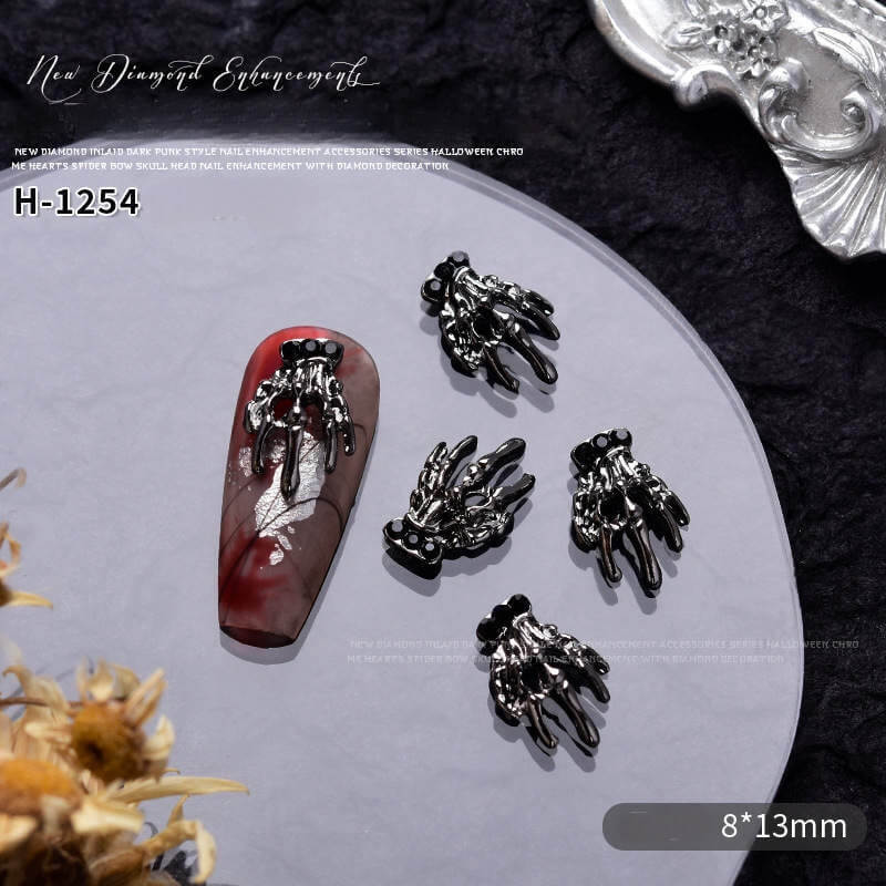 Nail Charm Halloween Skull Hand Sliver Black with Diamond 10pcs/Bag