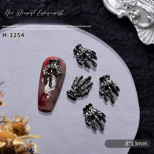 Nail Charm Halloween Skull Hand Sliver Black with Diamond 10pcs/Bag