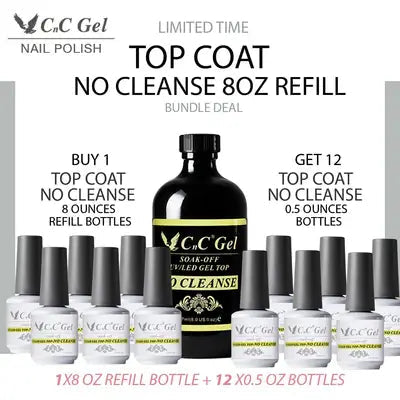 CnC Gel Top Coat No Cleanse Refill 8oz & 12 bottles 0.5oz Cnc