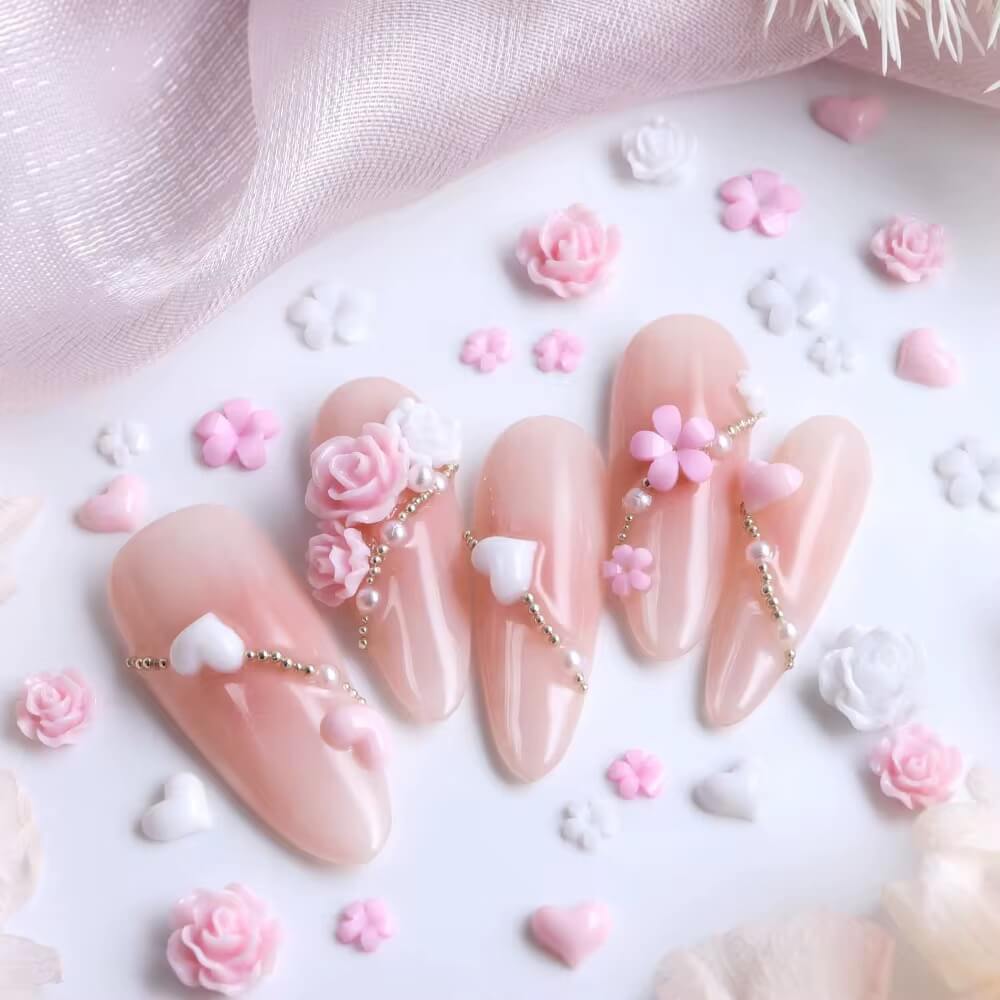 Nail Charm Pink Heart Design with Rose Flowers Premier Nail Supply
