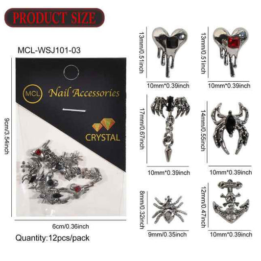 Nail Charm Halloween Black Spider - Heart - Arrow Rhinestone 12pcs/Pack