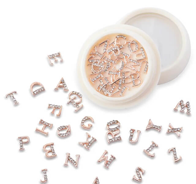 Nail Charm Letters Rhinestone Gold Silver Rosegold 26pcs/Jar Premier Nail Supply