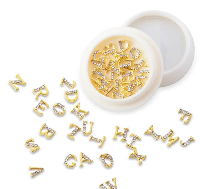 Nail Charm Letters Rhinestone Gold Silver Rosegold 26pcs/Jar Premier Nail Supply