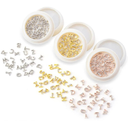 Nail Charm Letters Rhinestone Gold Silver Rosegold 26pcs/Jar Premier Nail Supply