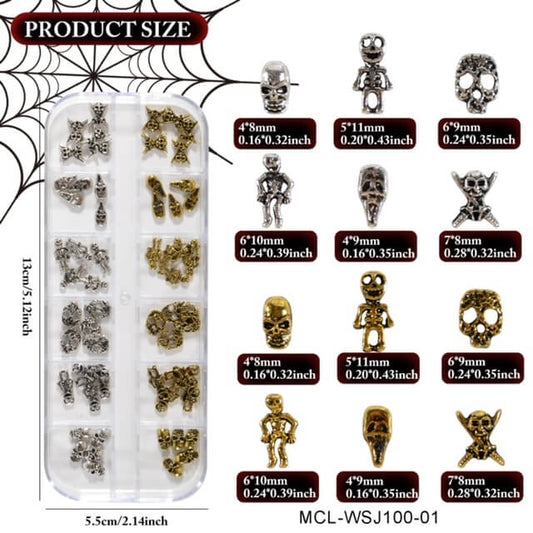 Nail Charm Halloween 3D Skeleton Vintage Silver Gold 60pcs/Box