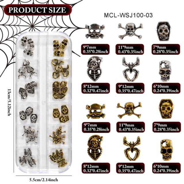 Nail Charm Halloween 3D Skeleton Spider  Vintage Silver Gold 36pcs/Box