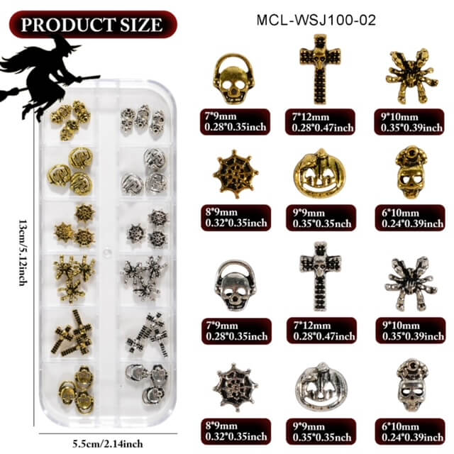 Nail Charm Halloween 3D Skeleton Pumpkin Cross Spider Web Vintage Silver Gold 36pcs/Box Beyond Beauty Page