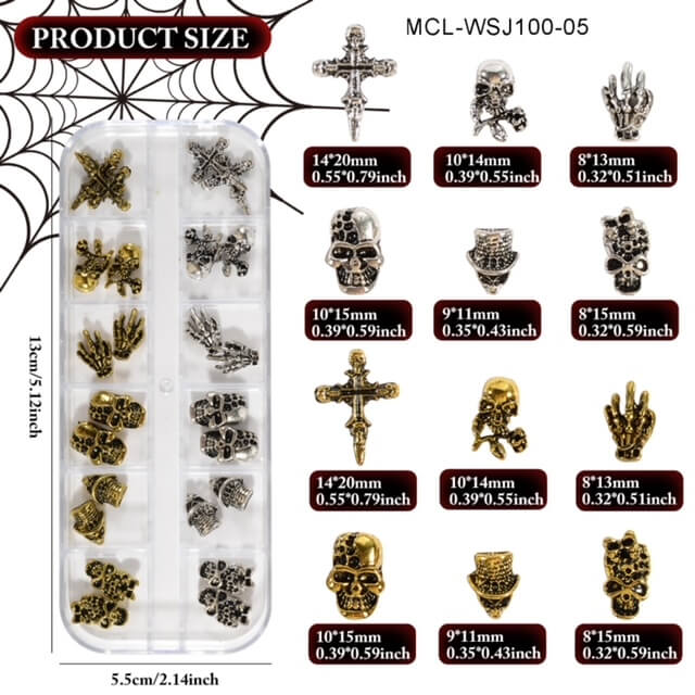 Nail Charm Halloween 3D Skeleton Face Cross Vintage Silver Gold 24pcs/Box Beyond Beauty Page