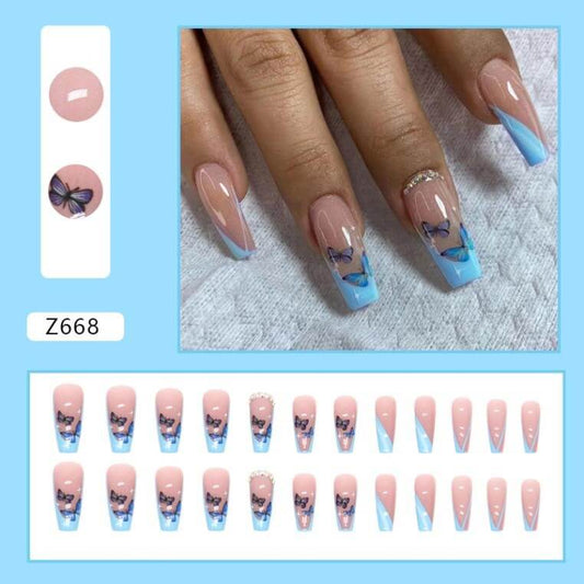 Press On Nail On Manicure Blue French Tip Butterfly Z668 Beyond Beauty Page