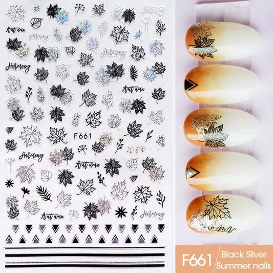 Nail Sticker Autumn Leaves Black N Silver F661 Premier Nail Supply