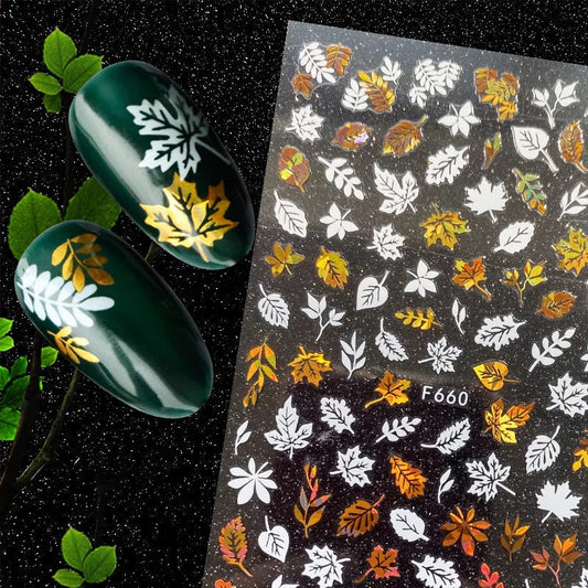 Nail Sticker Leaf White & Gold F660 Premier Nail Supply