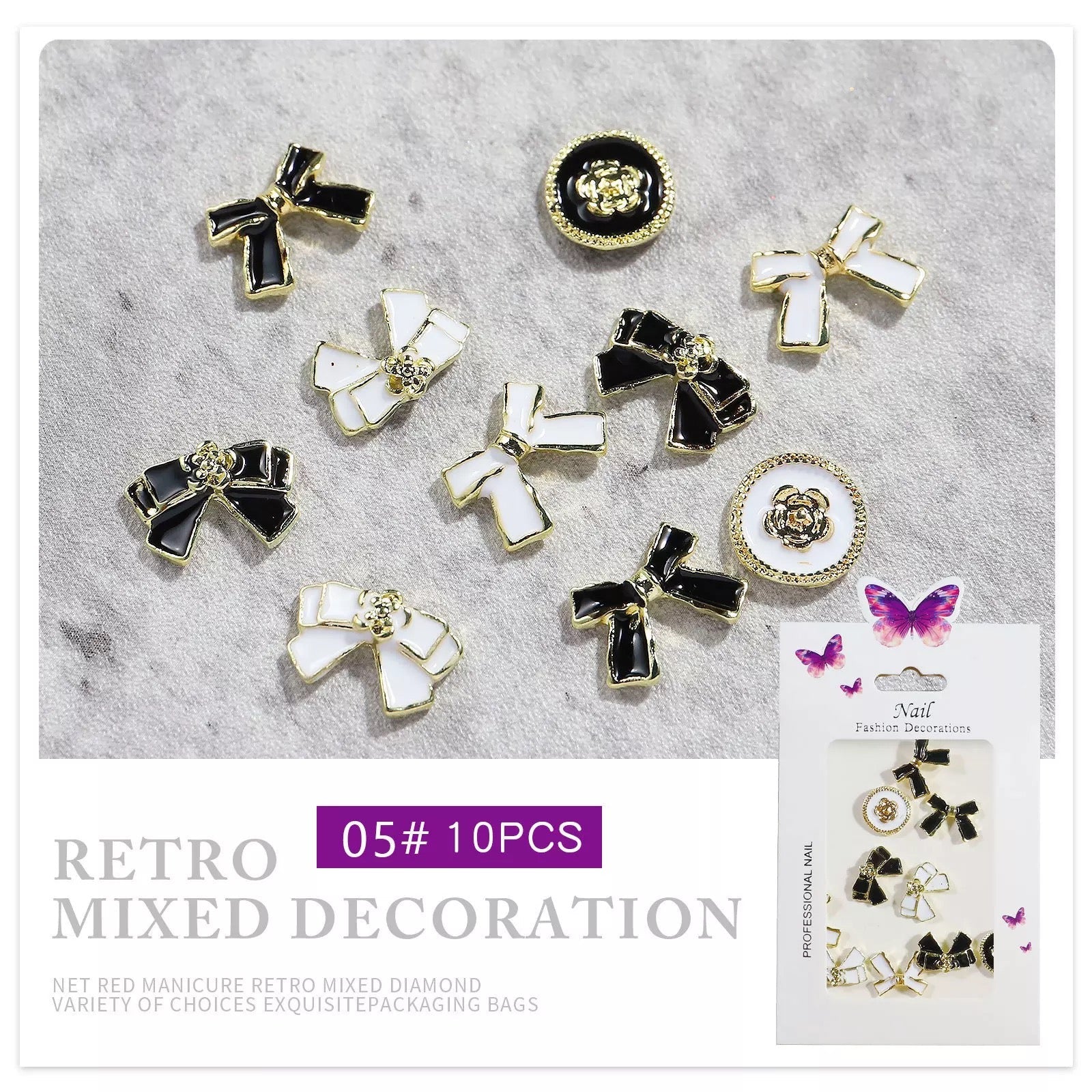 Nail Charm White Gold Bow Mix Black - #00342 Premier Nail Supply