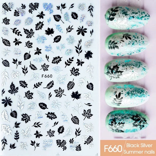 Nail Sticker Black & Silver Leaves F660 Premier Nail Supply