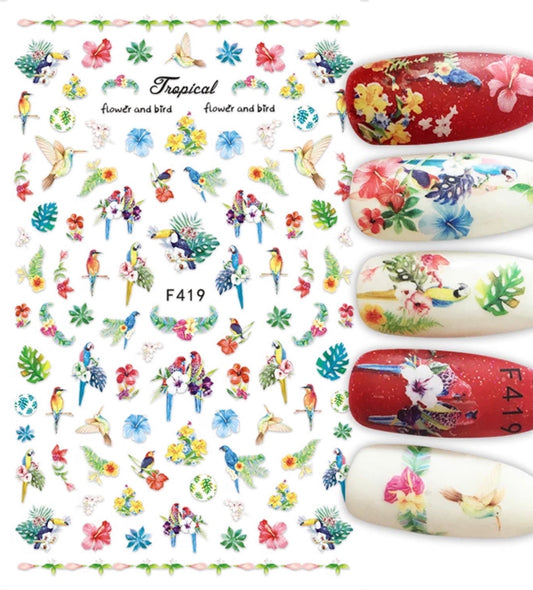 Nail Sticker Tropical Flower & Birds-F419 Premier Nail Supply