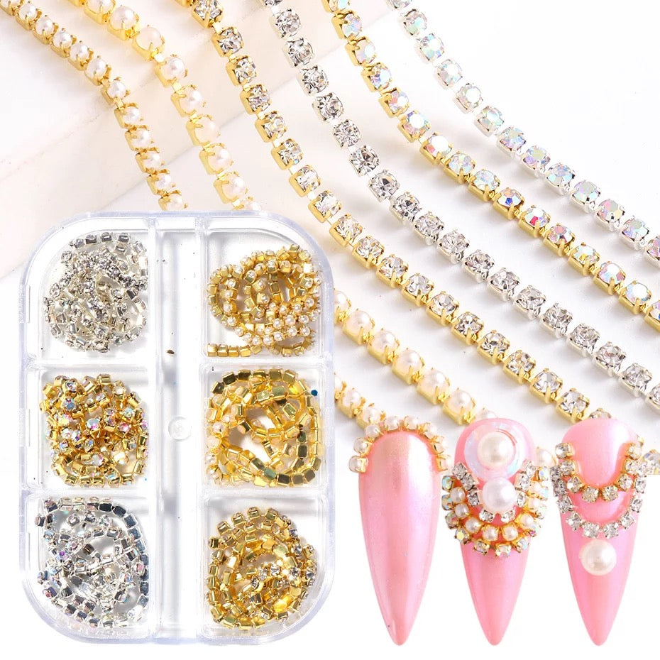 Nail Charm Metal Chains Diamond 6 Types /Box Premier Nail Supply